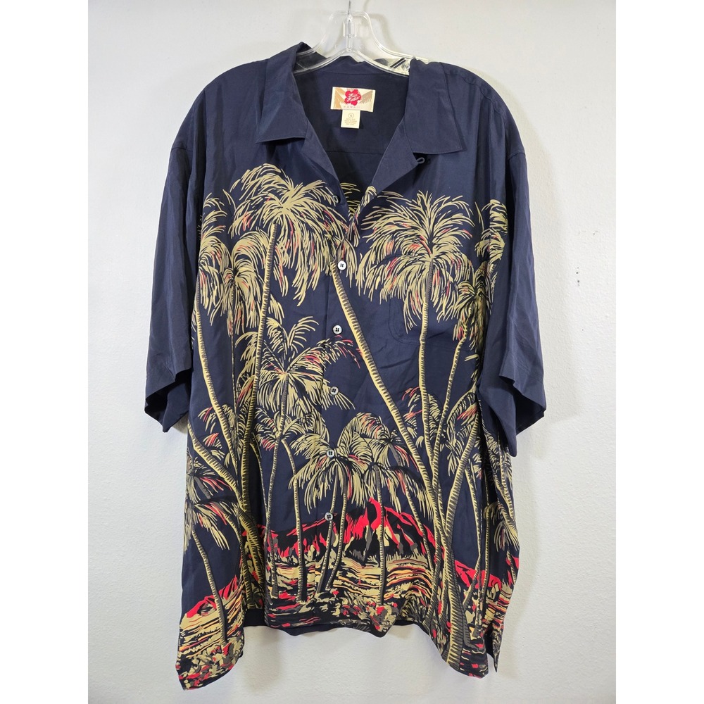 Hilo Hattie Silk Palm Tree Print Navy Blue Aloha Hawaiian Button Down Shirt XL